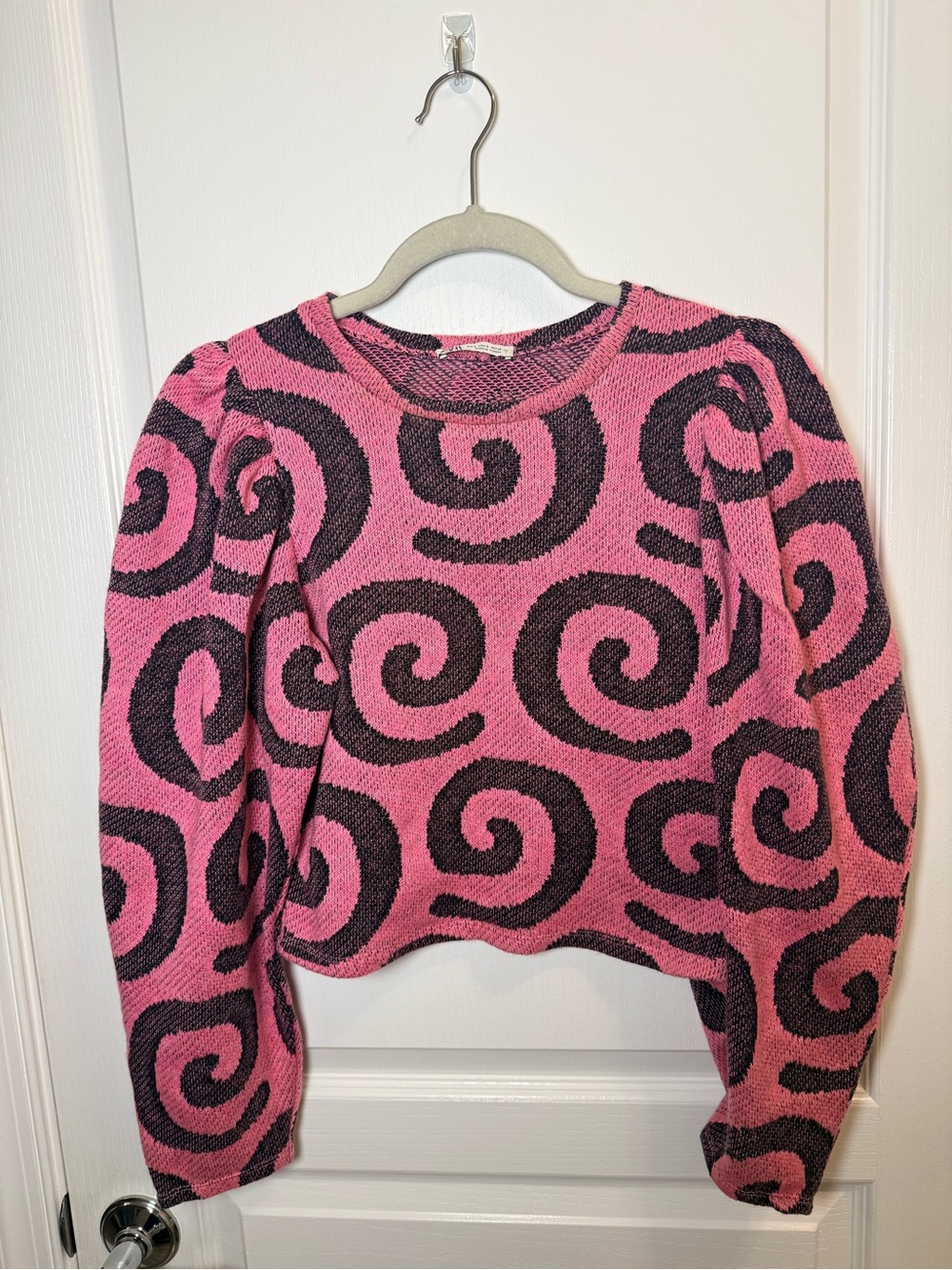 Zara Pink Black Swirl Print Cropped Knit Top Puff Sleeve Small